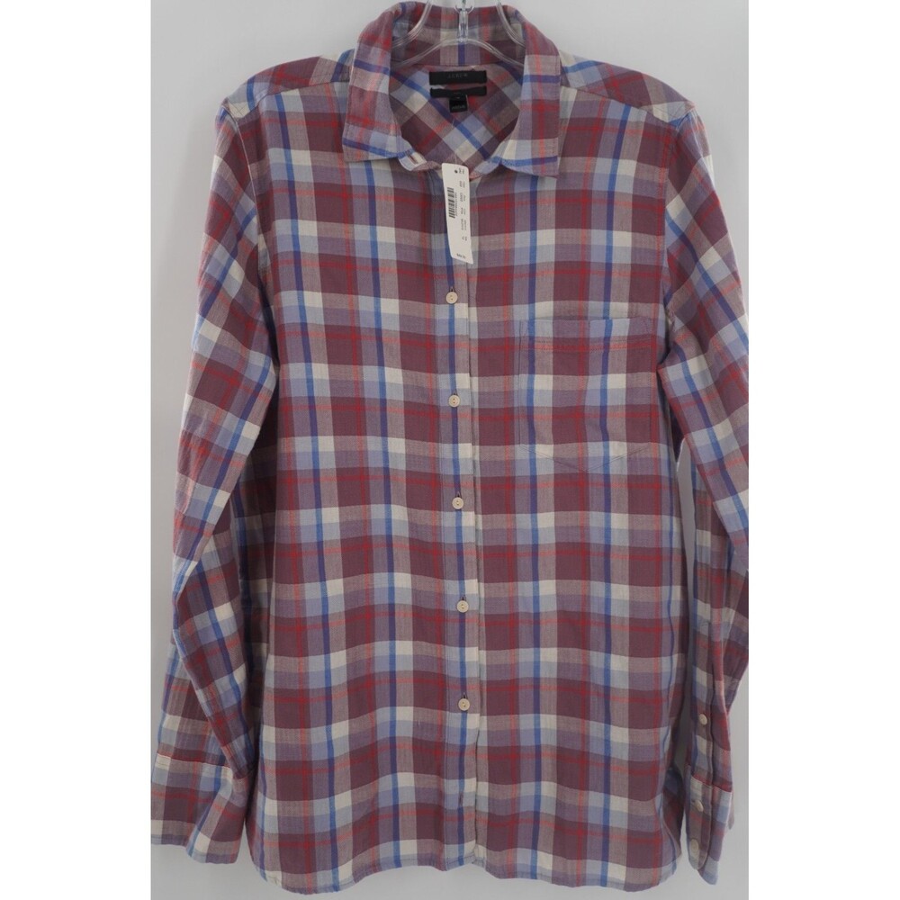 J.Crew Women Boy Fit Plaid Flannel Button Up Shirt Purple Blue & Red Check Sz 12